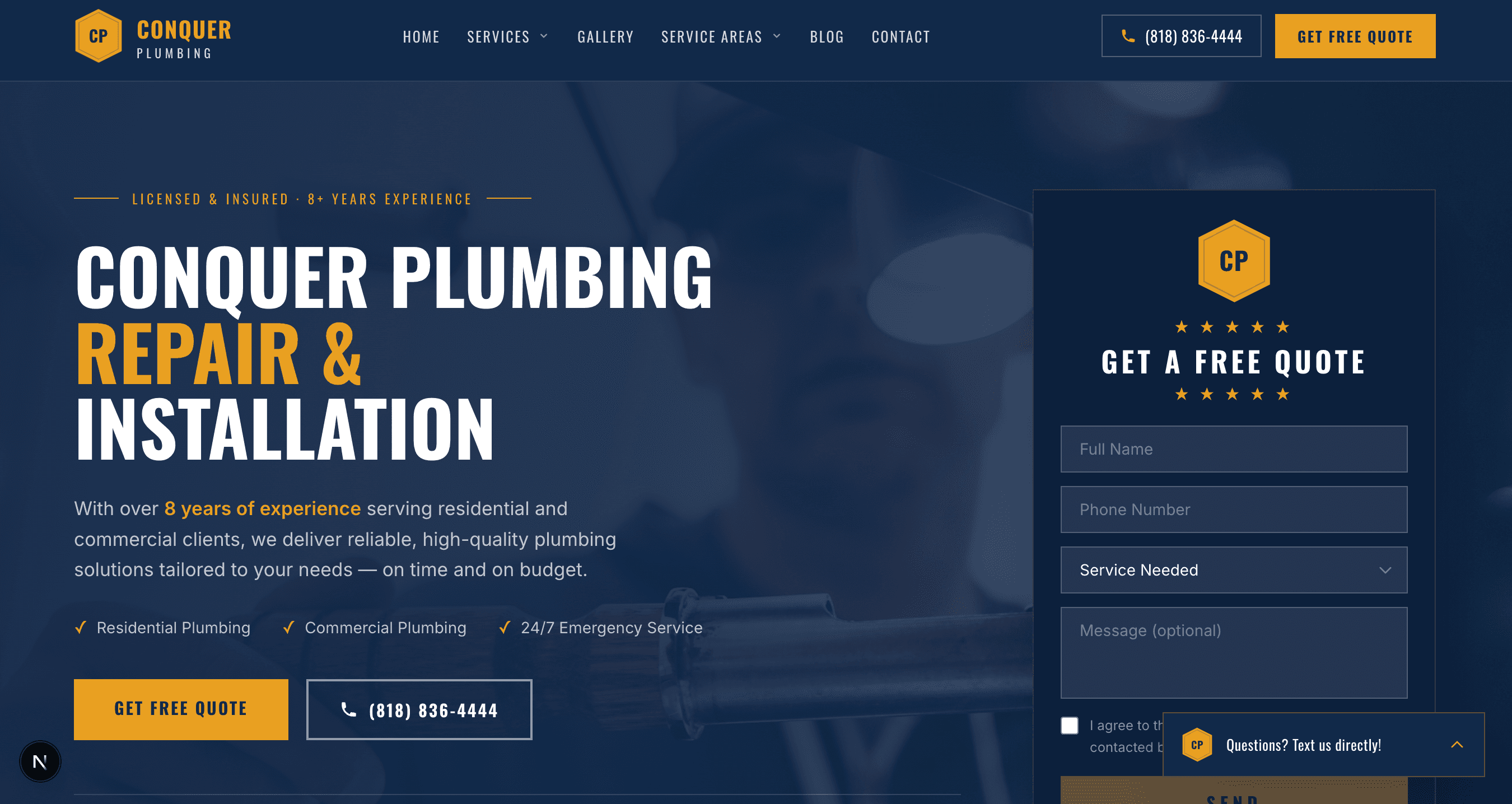 Conquer Plumbing website screenshot